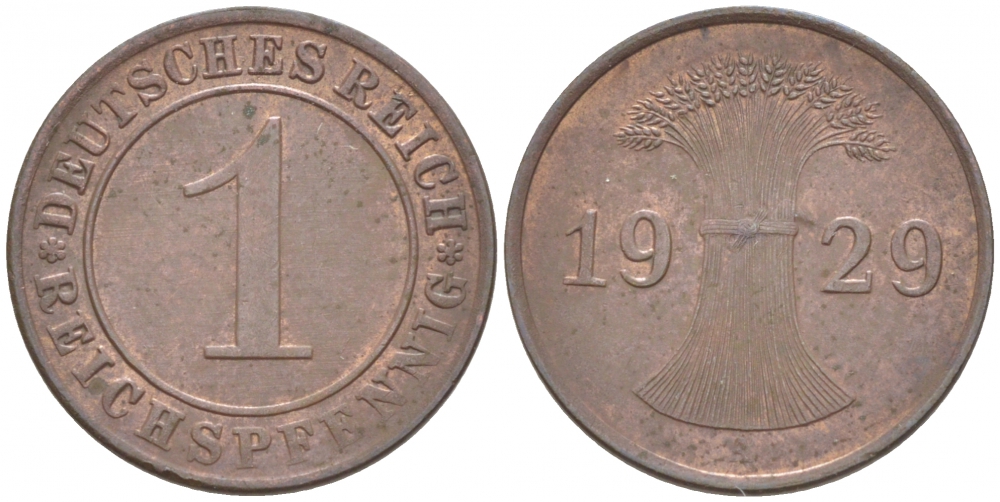 ГЕРМАНИЯ 1 РЕЙХСПФЕННИГ 1929 A KM 37, J. 313 бронза 116-756