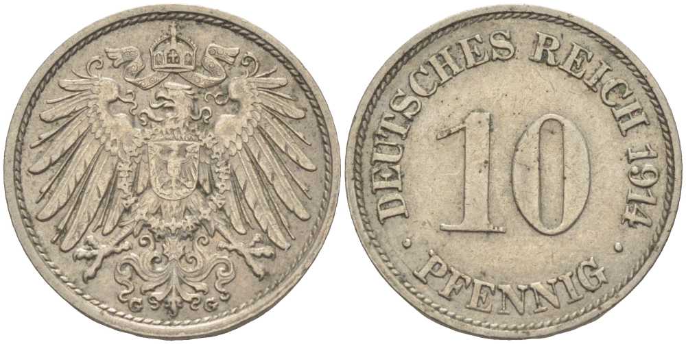 ГЕРМАНИЯ 10 ПФЕННИГОВ 1914 G KM 12, J. 13 медно-никель 33-852