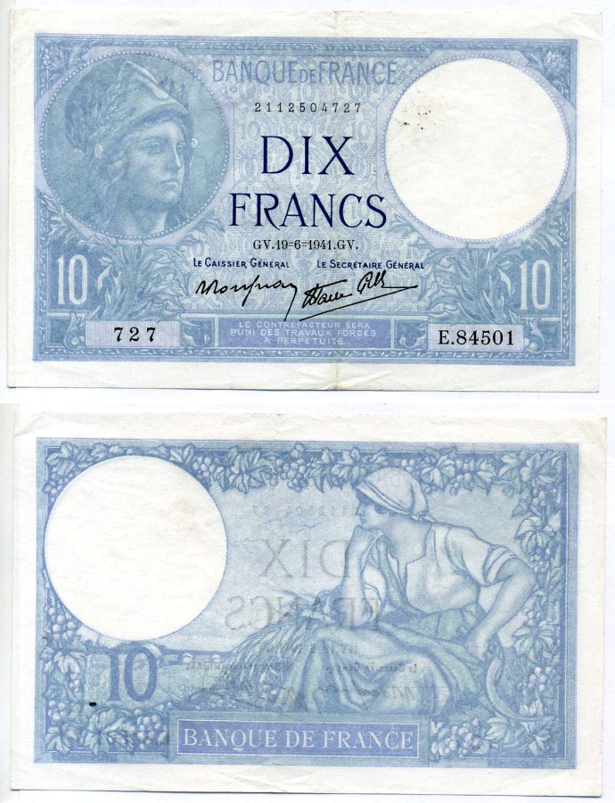 Франция 10 франков 1941 19 июня 1941, Минерва Pick 84 бумага 00-00