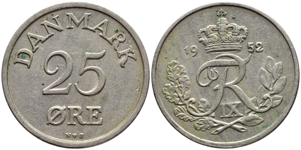 Дания 25 эре 1951 N; S, Фредерик IX (1947-1972) KM 842 медно-никель 4398-933