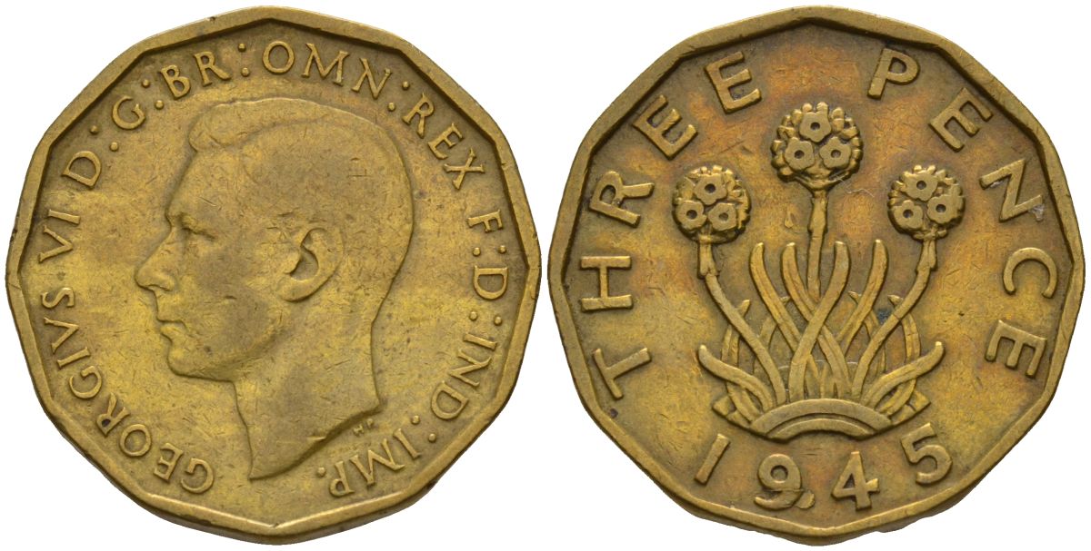 Великобритания 3 пенса 1945 Георг VI (1936-1952) KM 849, Spink 4112 никель латунь 4153-726