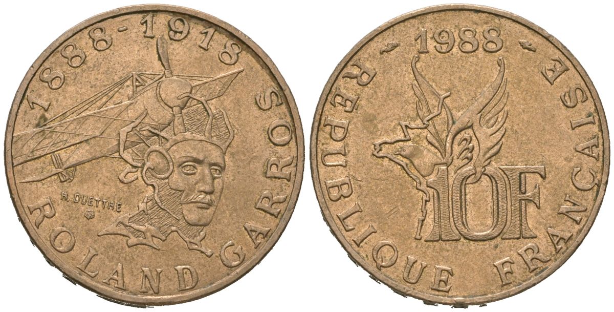 Франция 10 франков 1988 100 лет со дня рождения Ролан Гарроса (1888-1918) KM 965, Le Franc 372.3 никель латунь aUNC 4619-727