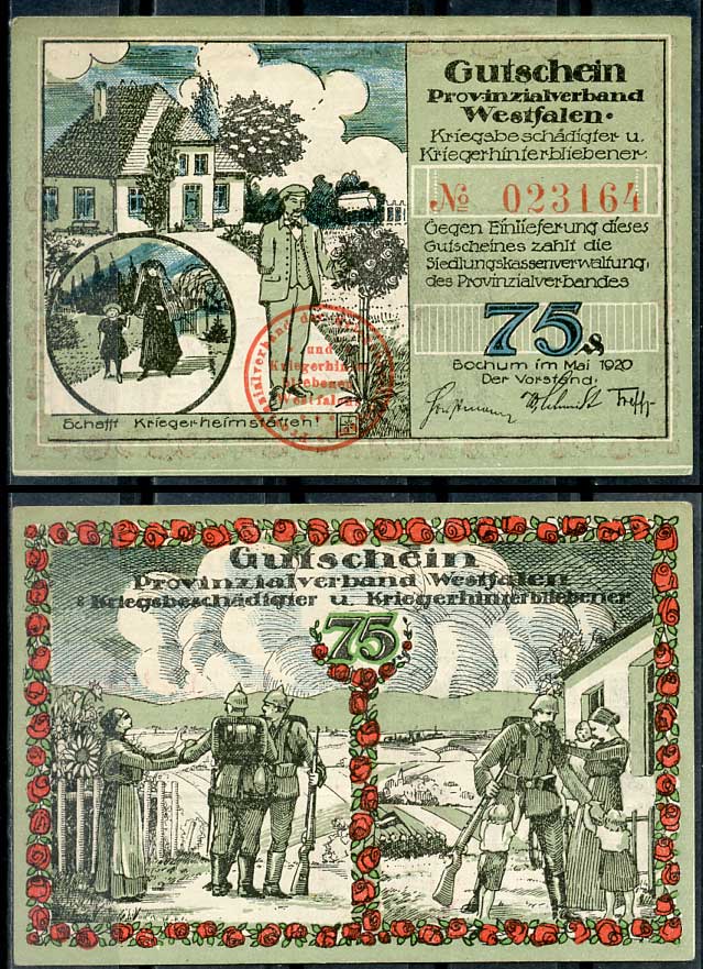 Германия, Бохум 75 пфеннигов 1920 нотгельд, проводы на войну Li. 121, M 128.1  бумага  UNC (пресс) 444-85-2-2