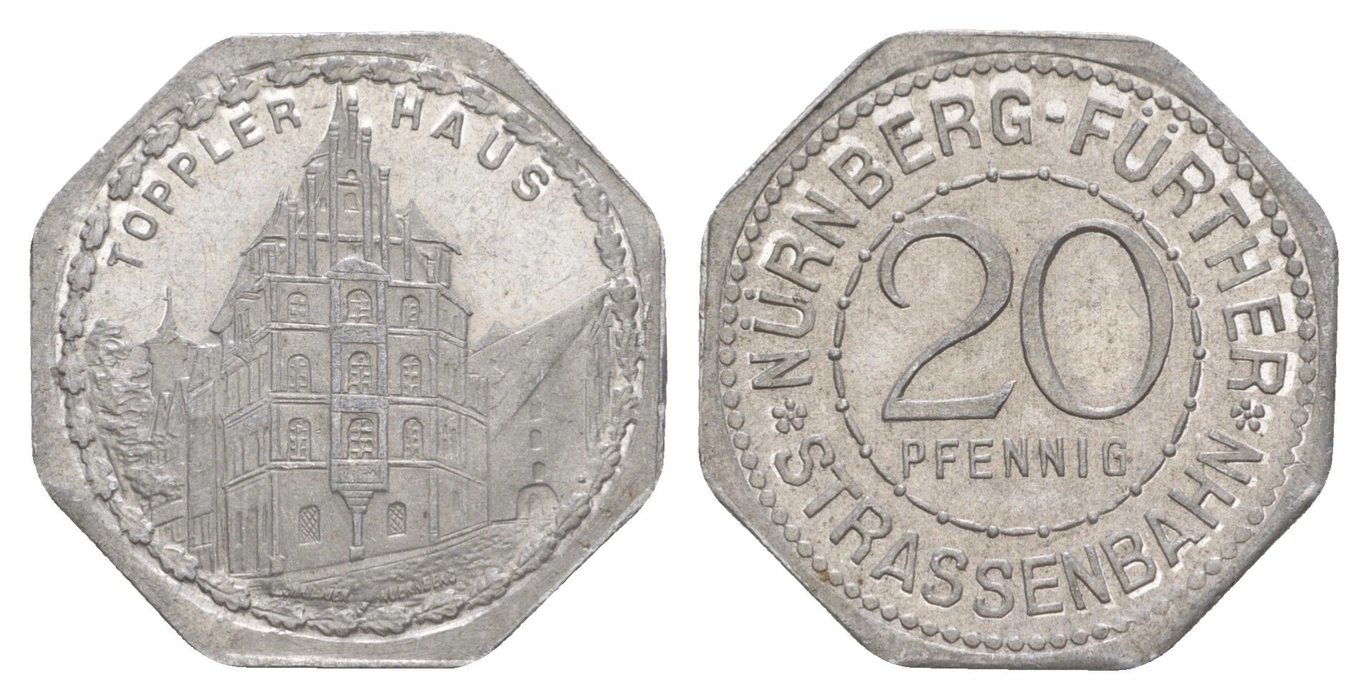 Нюрнберг трамвайный (транспортный) жетон в 20 пфеннигов ND (1920-1921) Топлерхаус Men05 19256.41, Men18 24102.41 алюминий aUNC 3459-532