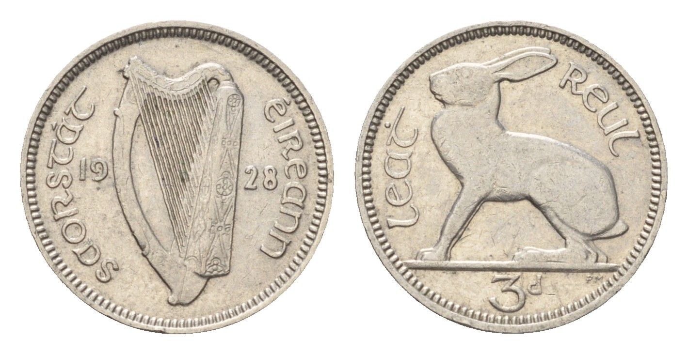 Ирландия 3 пенса 1928 заяц KM 4 никель 4696-424