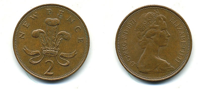 Великобритания 2 пенса 1971 Елизавета II (1952-2022) КМ 916, Spink 4235 (C1) бронза 4110-531