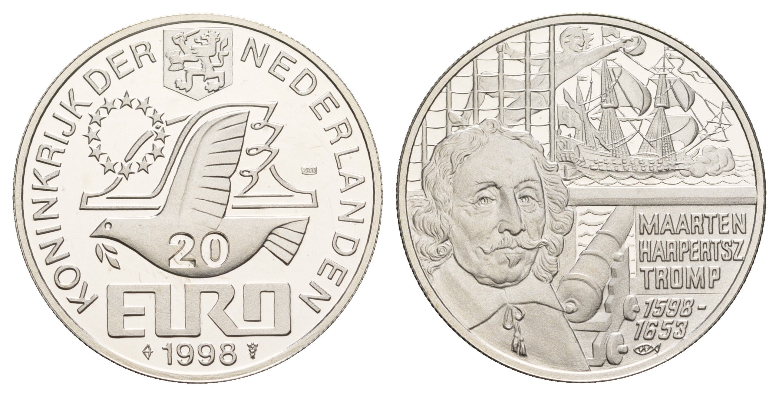 Нидерланды 20 евро 1998 400 лет со дня рождения Маартена Харперц Тромп X 146 серебро PROOF 443-1413