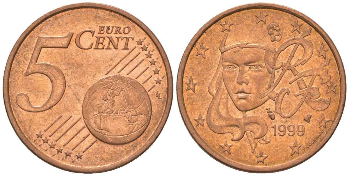 Франция 5 евроцентов 1999 KM 1284 сталь плакированная медью 4561-756