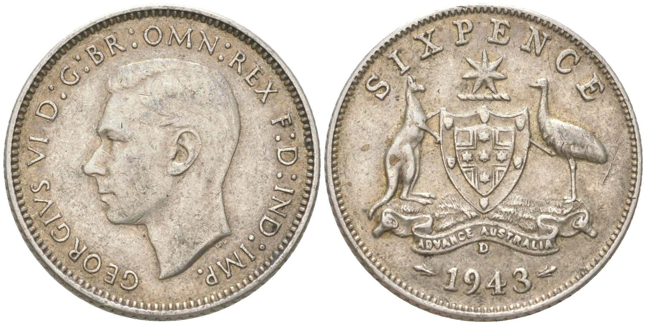 Австралия 6 пенсов 1943 D, Георг V (1936-1952) KM 38 серебро 4623-232