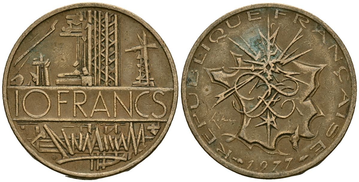 Франция 10 франков 1977 тип Матье KM 940, Le Franc 365.9-10 никель латунь 4120-512