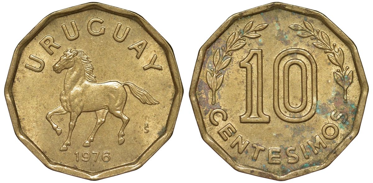 Уругвай 10 сентесимо 1976 KM 66 алюминиевая бронза 4164-749
