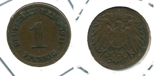ГЕРМАНИЯ 1 ПФЕННИГ 1911 F KM 10, J. 10 медь 701-341