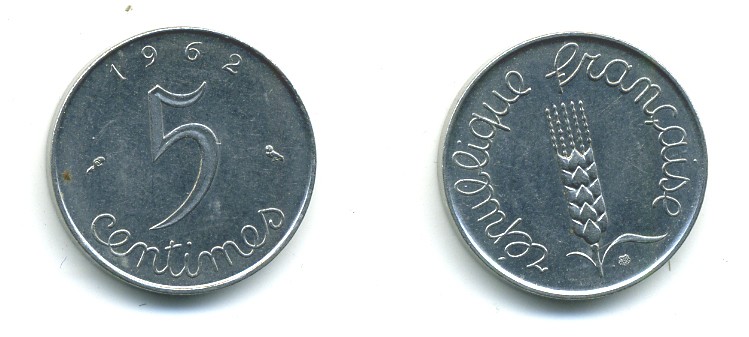 ФРАНЦИЯ 5 САНТИМОВ 1962 KM 927 хромированная сталь 84-1564