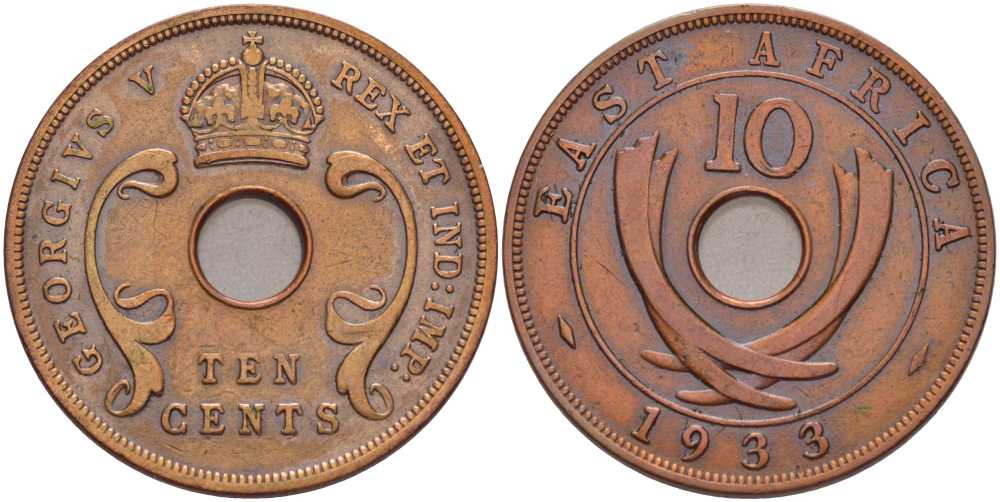 Британская Восточная Африка 10 центов 1933 Георг V (1910-1936) KM 19 бронза 4380-644