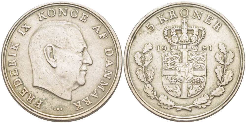 ДАНИЯ 5 КРОН 1961 С; S, ФРЕДЕРИК IX (1947-1972) KM 853.1 медно-никель 215-445