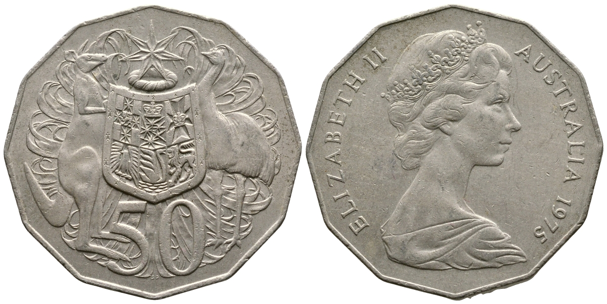 Австралия 50 центов 1975 Елизавета II (1952-2022), герб Австралии, кенгуру KM 68 медно-никель 25-625