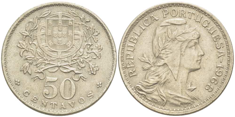 Португалия 50 сентаво 1968 голова Свободы вправо KM 577 медно-никель 4513-1222