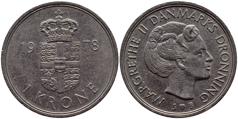 Дания 1 крона 1978 S; B, Маргрете II (1972-) KM 862.1 медно-никель 4388-114