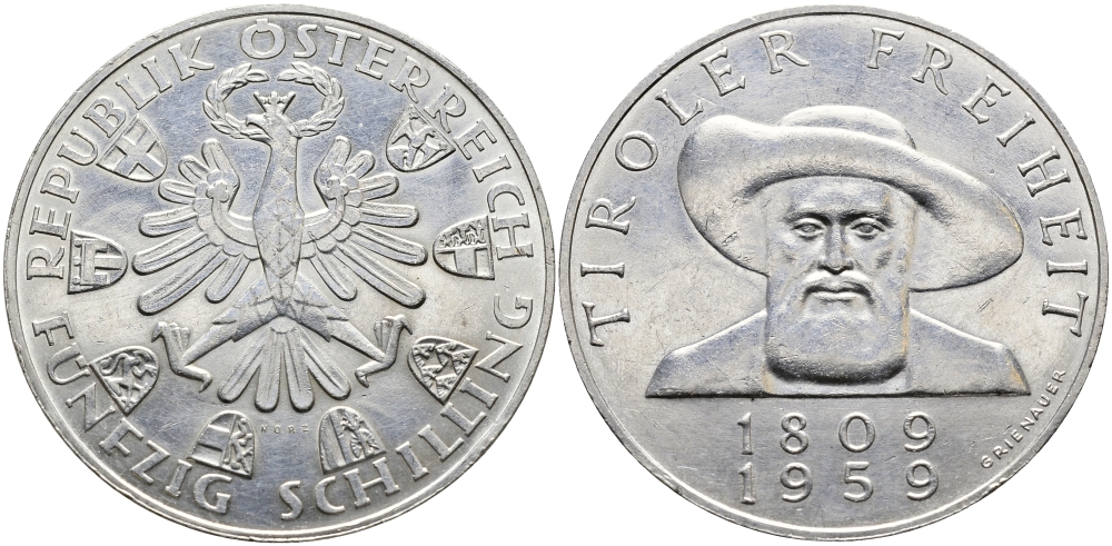 Австрия 50 шиллингов 1959 150 лет независемости Тироля KM 2888 серебро 441-1423