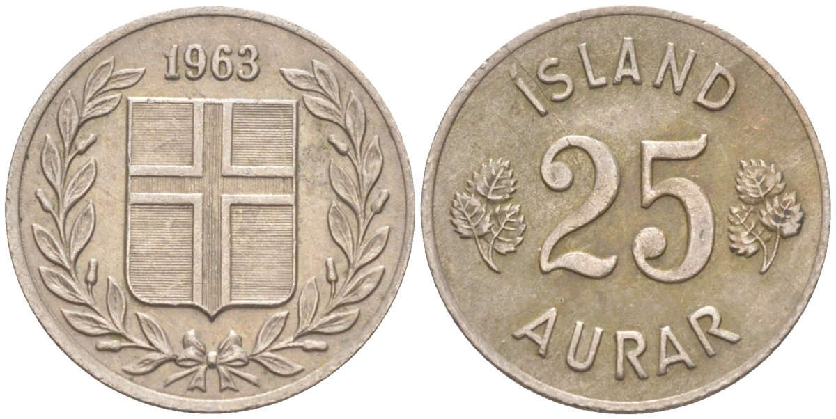 Исландия 25 эйре 1963 KM 11 медно-никель 187-366