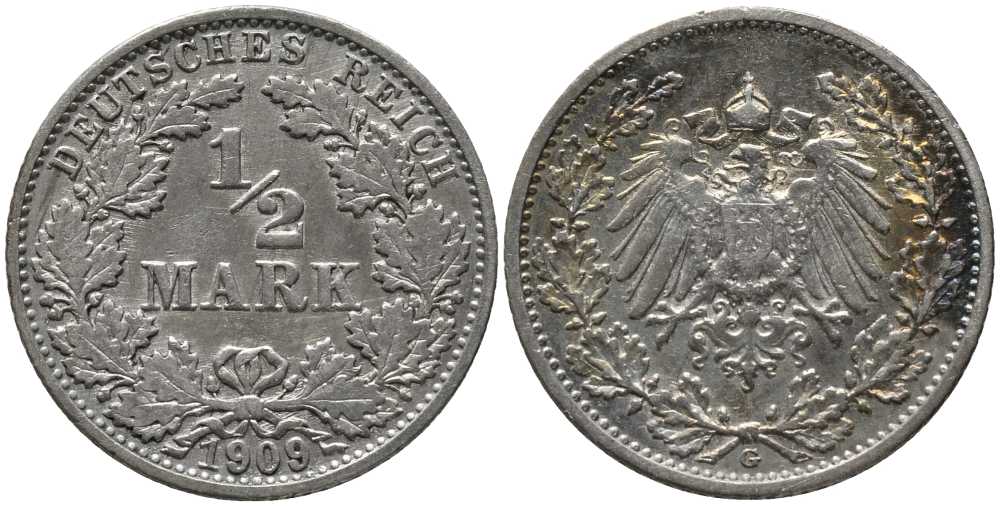 ГЕРМАНИЯ 1/2 МАРКИ 1909 G KM 17, J. 16, Weege 16 серебро 4448-757