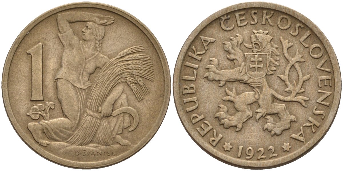 Чехословакия 1 крона 1922 женщина со снопом и серпом KM 4 медно-никель 4141-512
