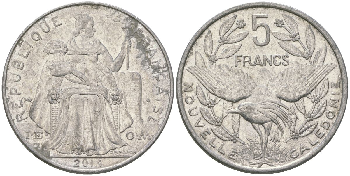 Французская Новая Каледония 5 франков 2014 птица кагу, (IEOM) KM 16, Schoen 12, Lec 81k алюминий 4117-345