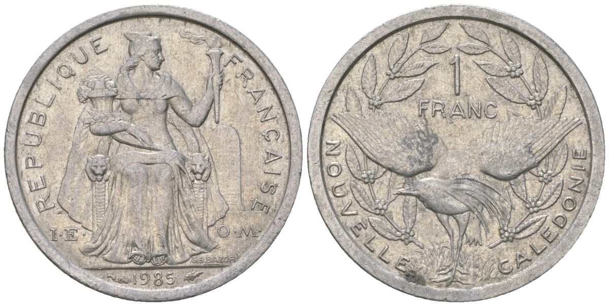 Французская Новая Каледония 1 франк 1985 птица кагу, (IEOM) KM 10, Schoen 10, Lec 47 алюминий 51-3512
