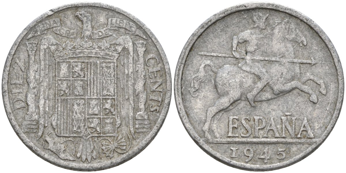 Испания 10 сентимо 1945 Франсиско Франко (1939 - 1975) KM 766 алюминий 4155-235