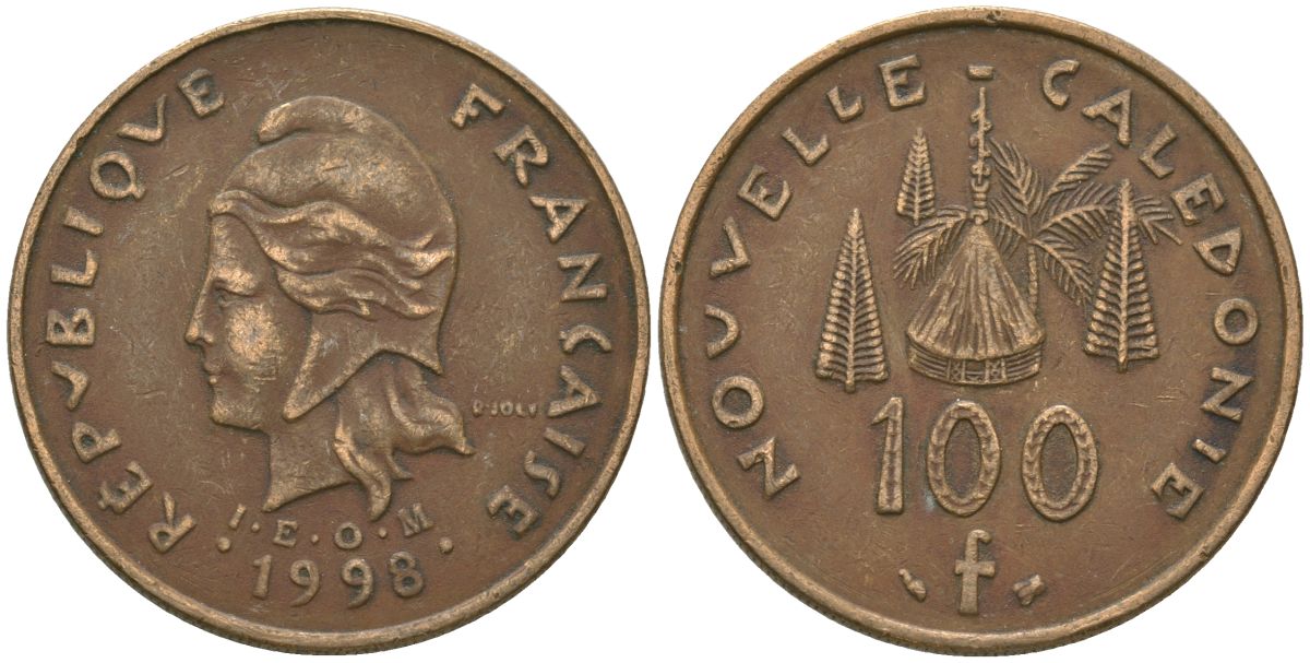 Французская Новая Каледония 100 франков 1998 хижина среди сосен и пальм, (IEOM) KM 15, Schoen 16, Lec 139b никель бронза 88-1225
