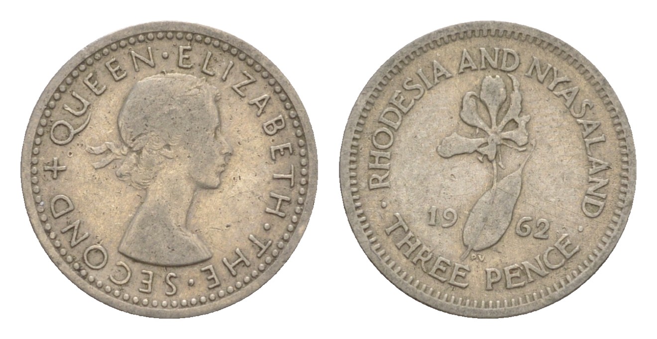 Родезия и Ньясаленд 3 пенса 1962 Елизавета II (1952-2022), цветок глориоза KM  3 медно-никель    4640-923