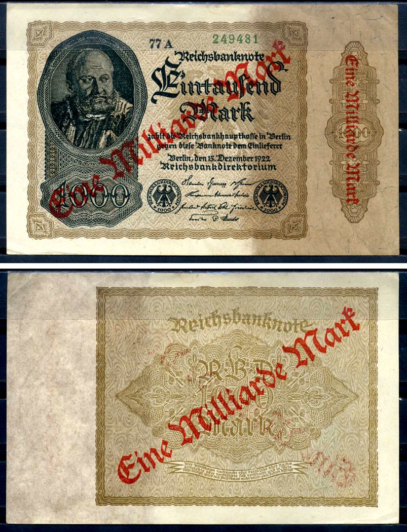 Германия 1000000000 марок 1923 красная диагональная, двухсторонняя надпечатка на 1000 марок 1922, бумага белая, водяной знак 1001 Pick 113 a (2) бумага 8589-44-1-1