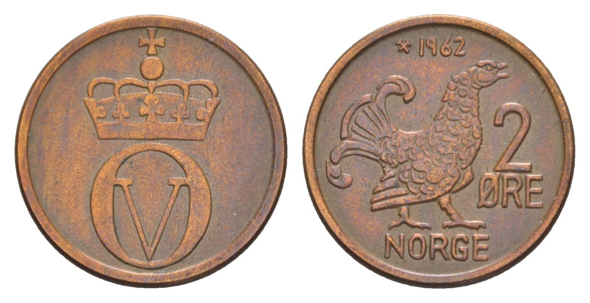 Норвегия 2 эре 1962 Улаф V (1957-1991) KM 410 бронза 4635-337