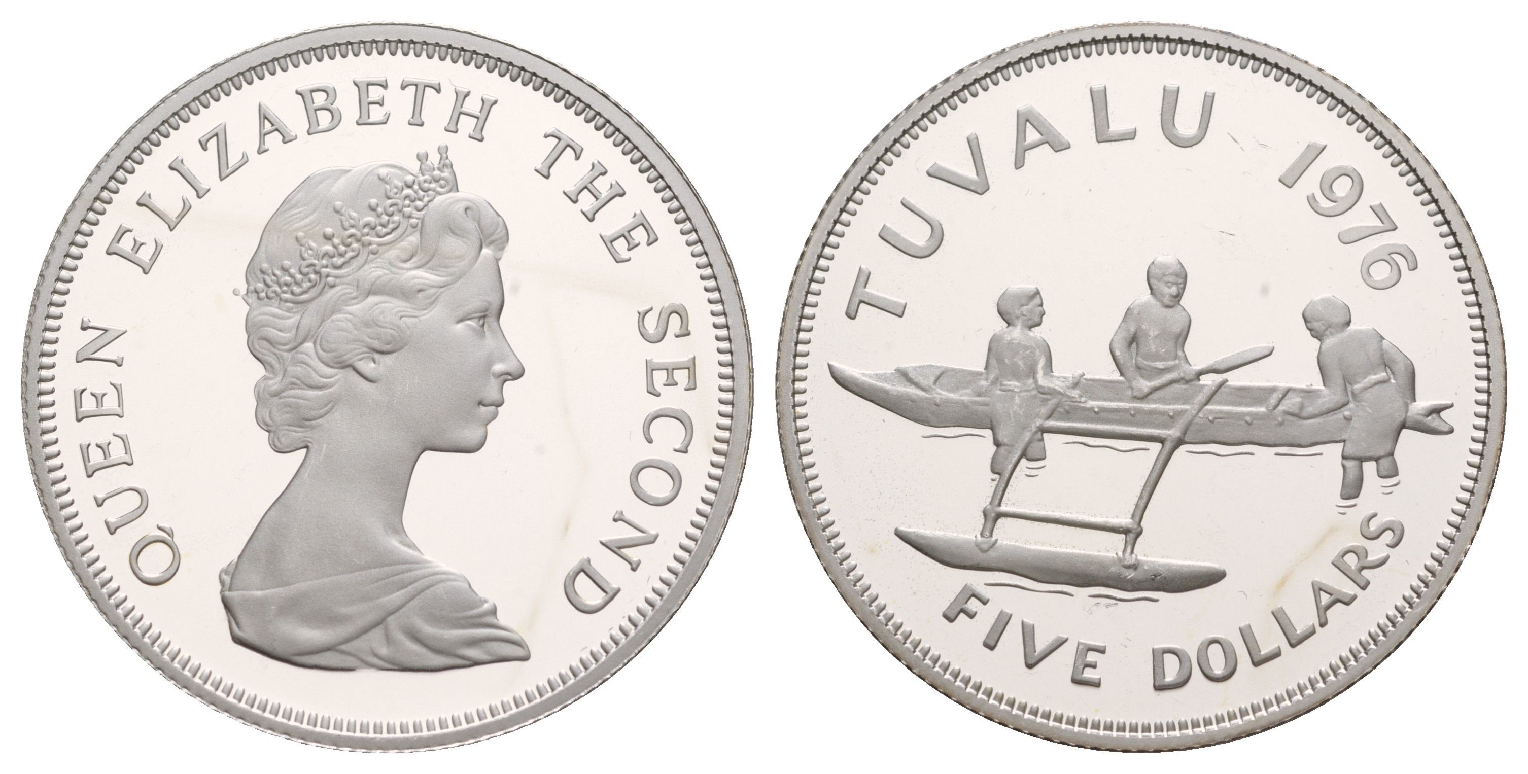 Тувалу 5 долларов 1976 Туземцы возле каноэ KM 8 серебро PROOF 11-252-31