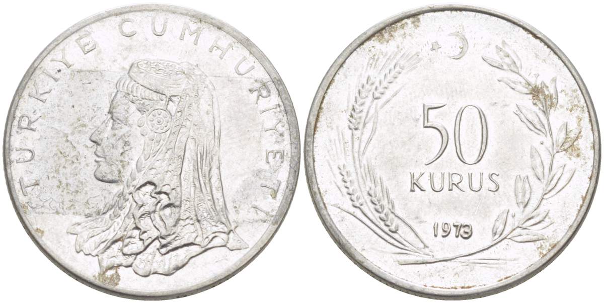Турция 50 курушей 1973 Анатолийская невеста KM 899 нержавеющая сталь 4525-554