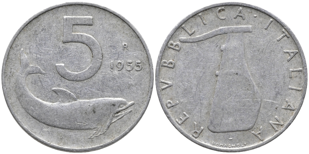 ИТАЛИЯ 5 ЛИР 1955 R, РУЛЬ, ДЕЛЬФИН KM 92 алюминий 89-1536
