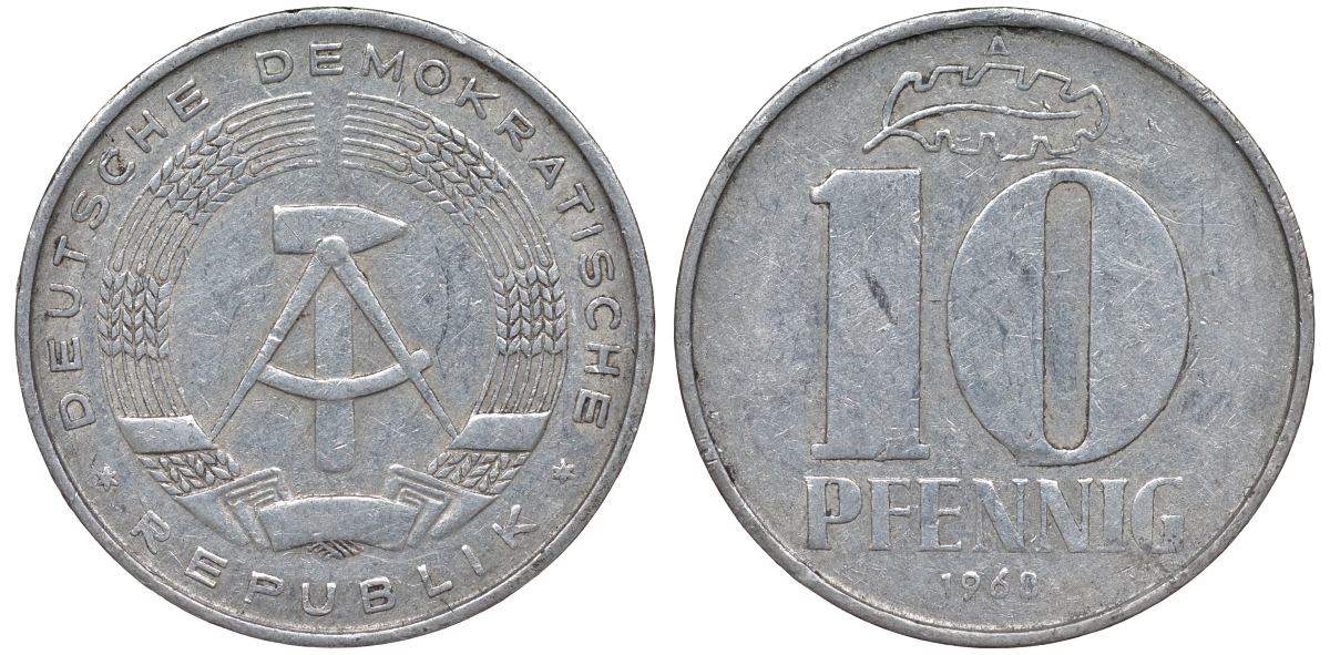 ГДР 10 пфеннигов 1968 A KM 10 алюминий 62-751
