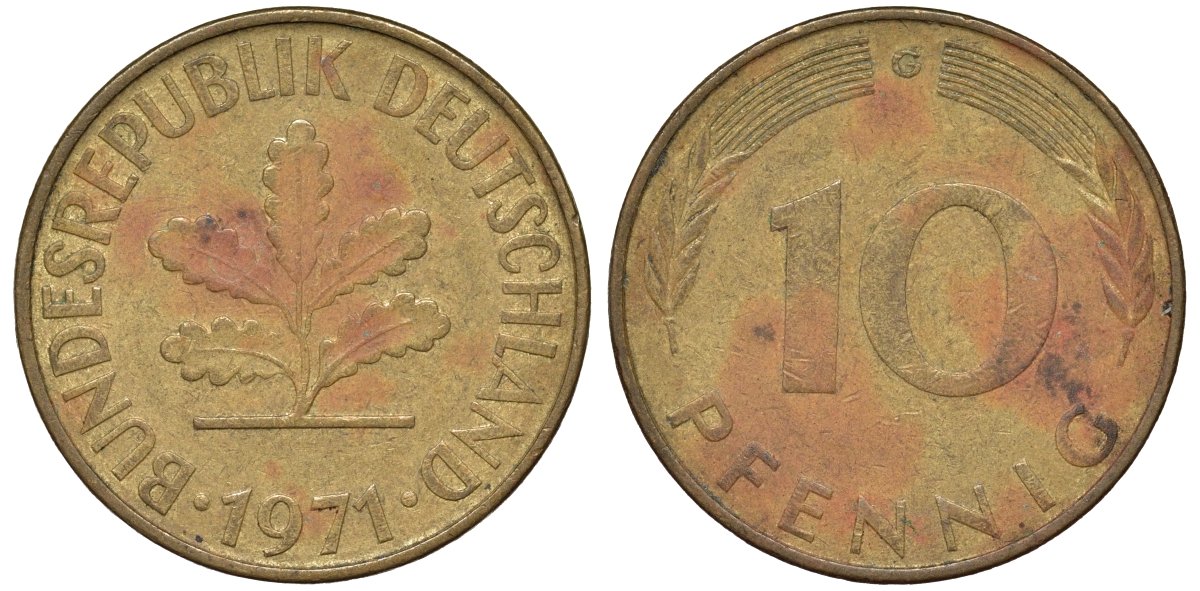 ФРГ 10 пфеннигов 1971 C KM 108, J. 383 сталь плакированная латунью 4132-544