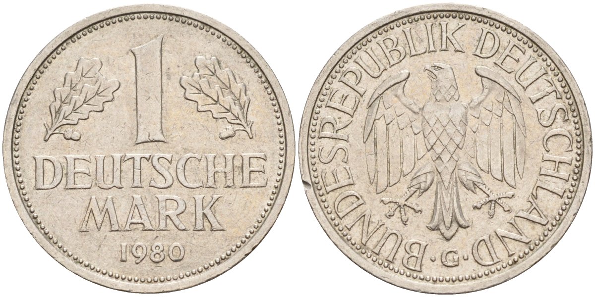 ФРГ 1 марка 1980 G KM 110, J. 385 медно-никель 4177-1147