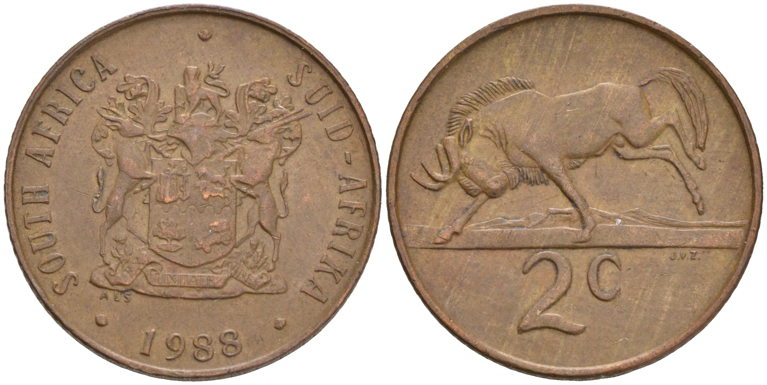 ЮАР 2 цента 1989 герб, антилопа гну KM 83 бронза 4561-732