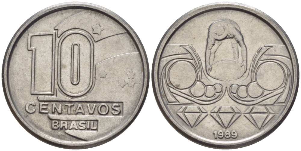 Бразилия 10 сентаво 1989 золотодобыча KM 613 нержавеющая сталь 116-1256
