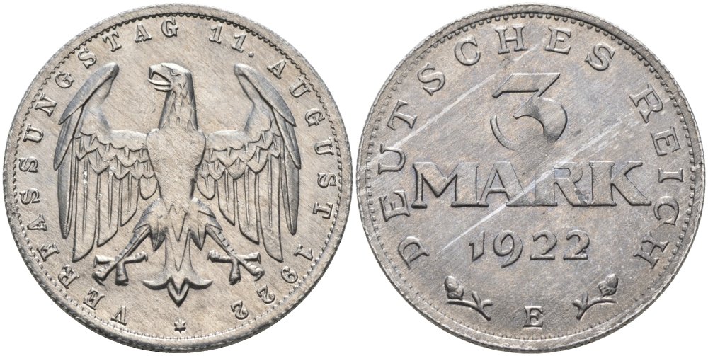 Германия 3 марки 1922 Е, третья годовщина Веймарской Конституции KM 29, J.303 алюминий UNC 4574-823