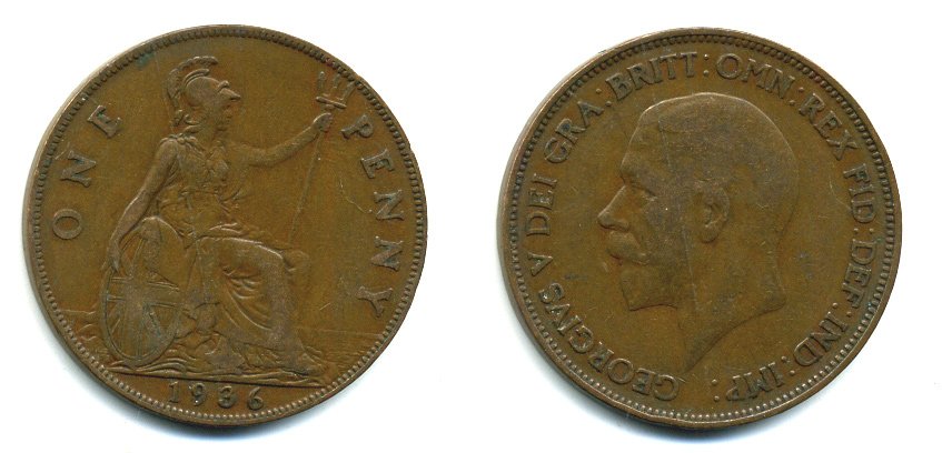 Великобритания 1 пенни 1936 Георг V (1910-1936) KM 838, Spink 4055 бронза 41-1252