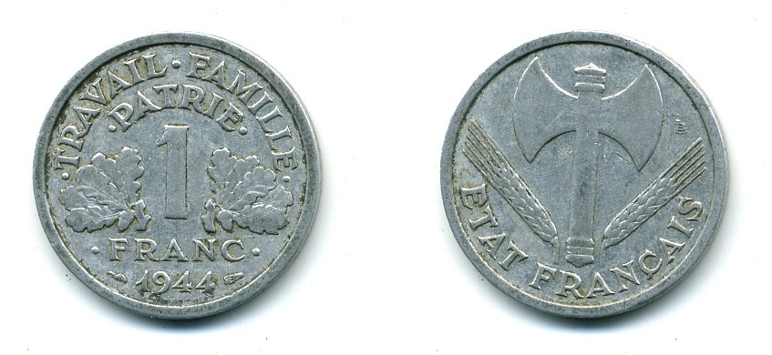 ФРАНЦИЯ 1 ФРАНК 1944 ТИП LEGERE, ПРАВИТЕЛЬСТВО ВИШИ KM 902.1, LE FRANC 223.5 алюминий 84-443