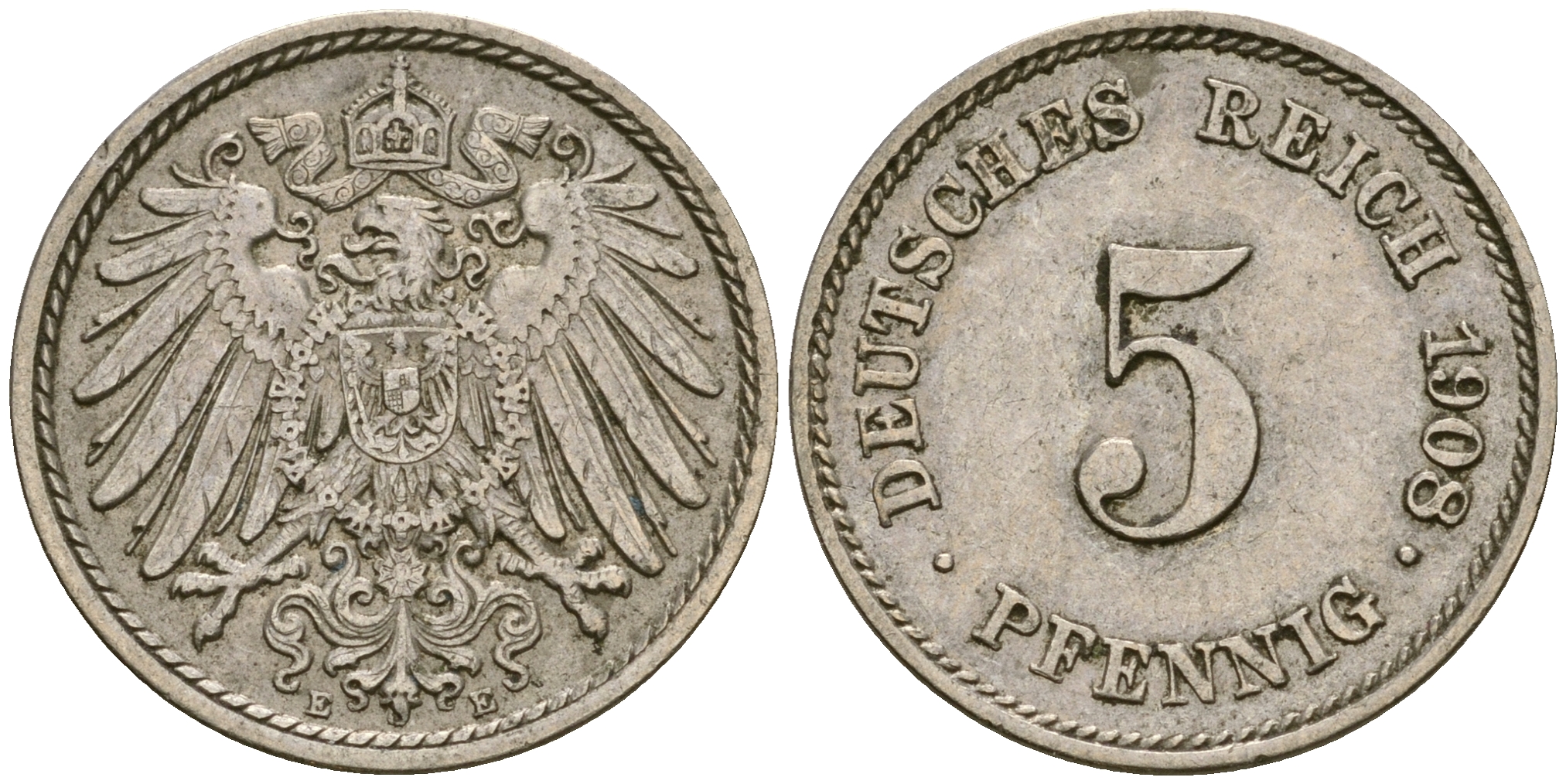 Германия 5 пфеннигов 1908 E KM 11, Jager 12, Weege 6 медно-никель 4364-4546