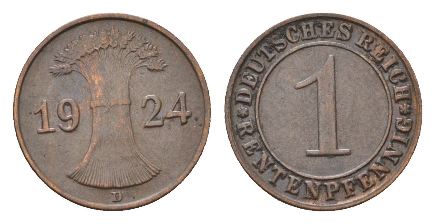 Германия 1 рентенпфенниг 1924 D KM 30, J. 306 бронза 4696-565