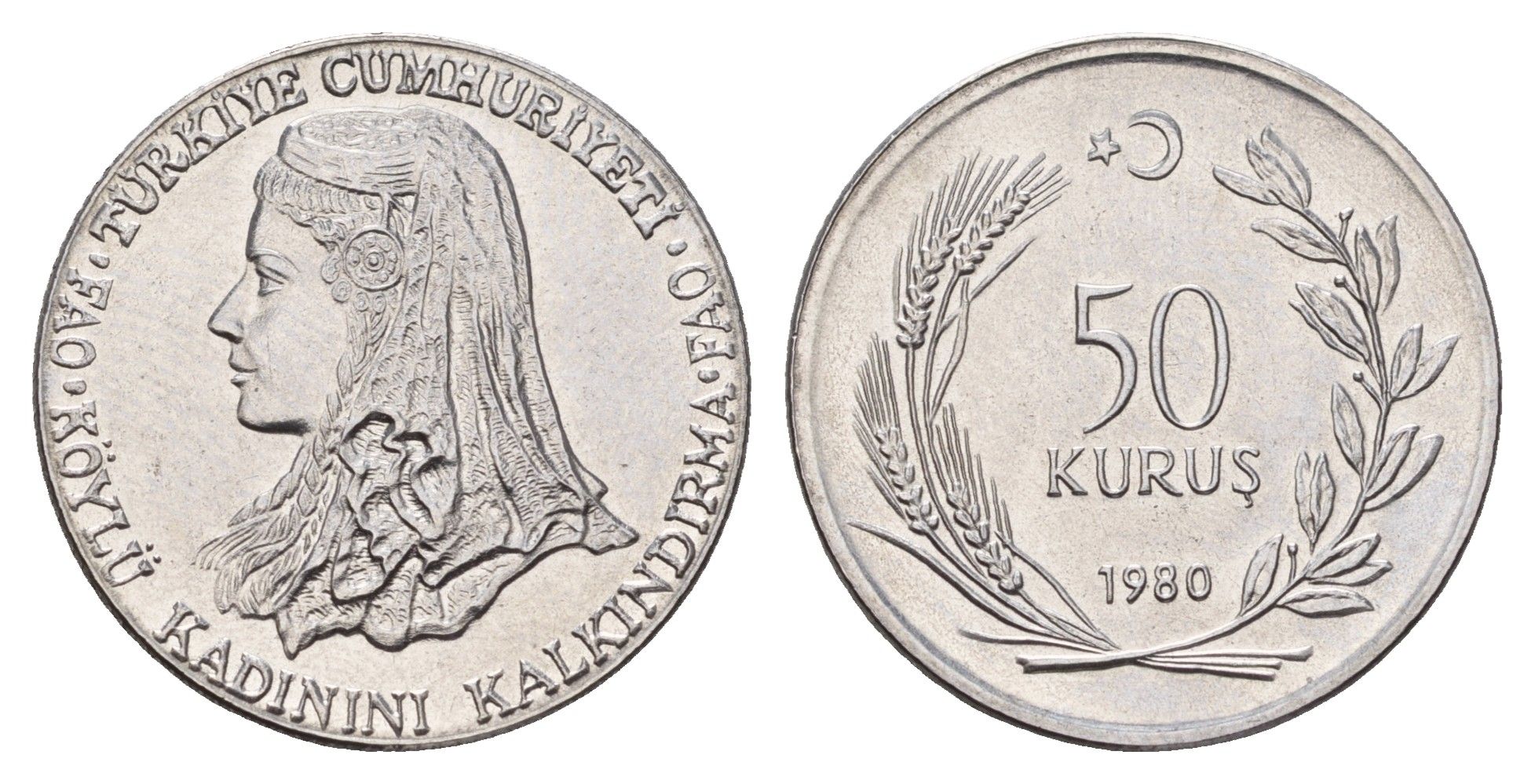 Турция 50 курушей 1980 ФАО - Развитие крестьянских женщин KM 936 нержавеющая сталь UNC 83-1835