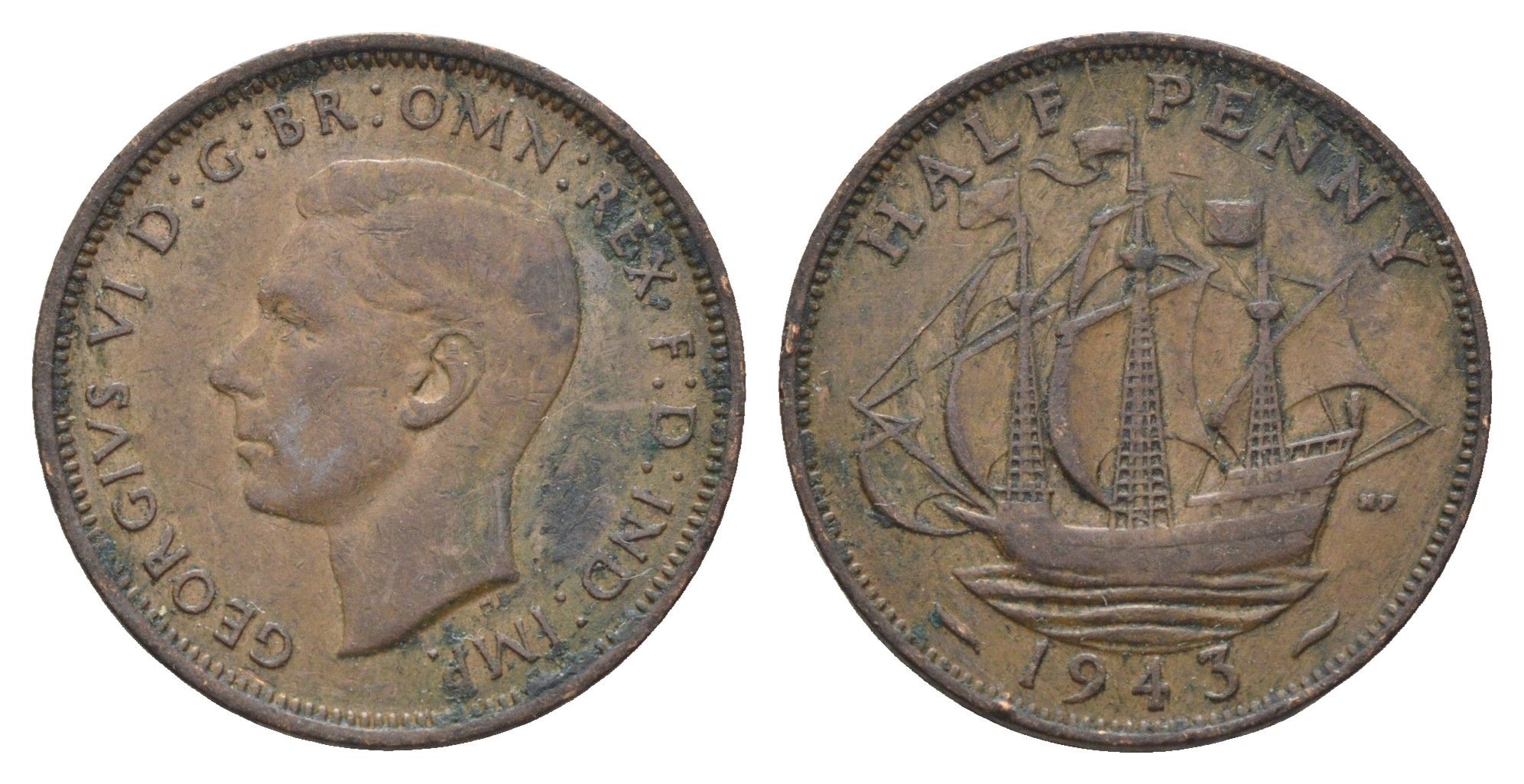 Великобритания 1/2 пенни 1943 Георг VI (1936-1952) KM 844, Spink 4115 бронза 4662-1055