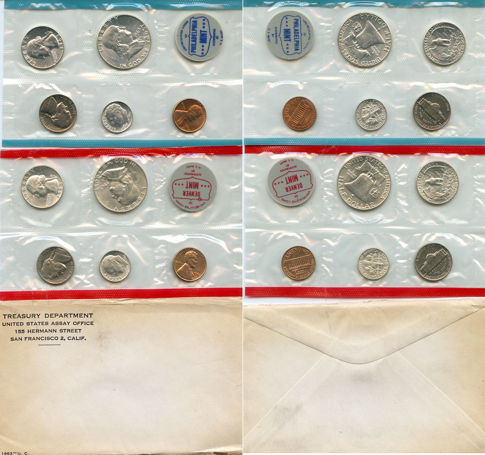 США официальные наборы из 10 монет и 2 жетона монетного двора 1963 D, P, Франклин KM MS 116 серебро  UNC  3-6-1-16