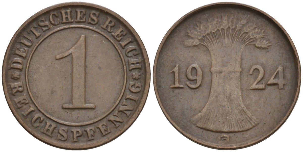 Германия 1 рейхспфенниг 1924 G KM 37, J. 313 бронза 4516-1123